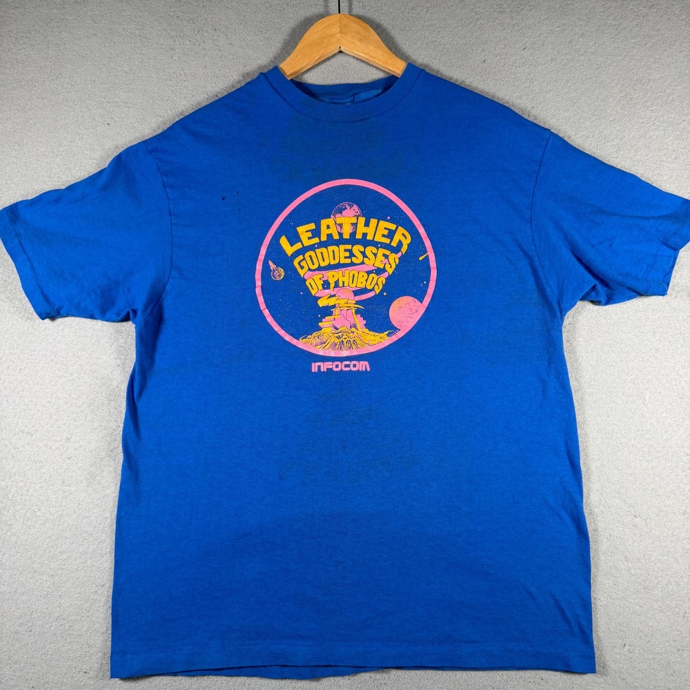 Vintage Hanes Infocom Leather Goddesses of Phobos T-Shirt Blue XL Made in USA